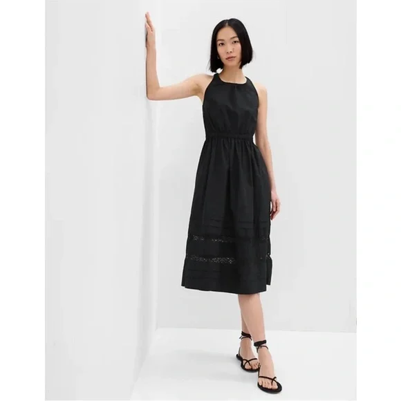 NWT GAP Lace Cross-Back Midi Dress Women's Sz Small Tall 100% Cotton black - Picture 1 of 8